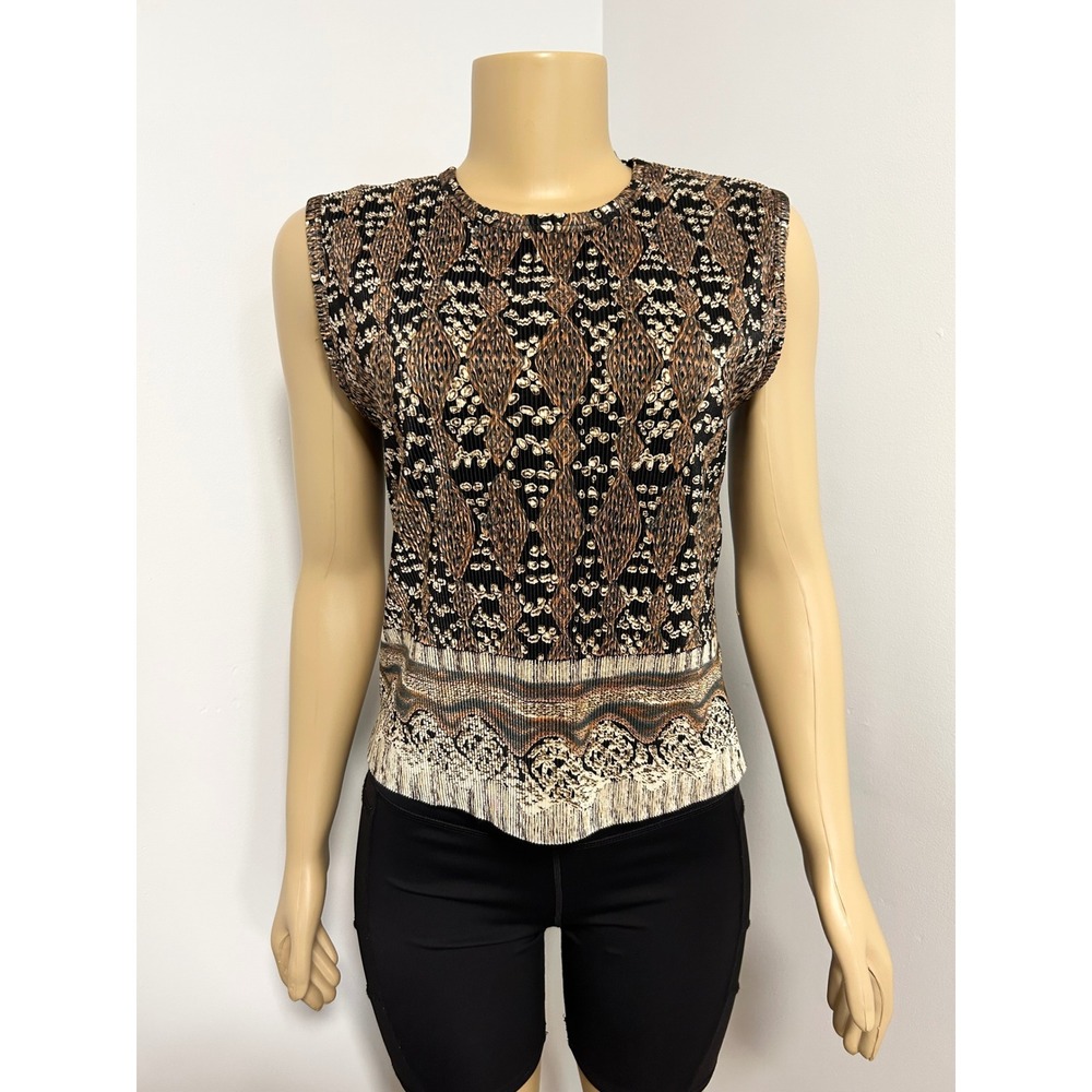 Plisse Vintage Sleeveless Pleated Geometric Print Top Brown Tan Black Womens M